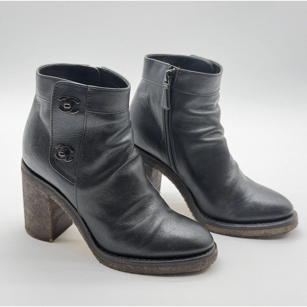 Chanel CC Turnlock Ankle Boots EU 36.5 US 6 Black Block Heel Booties